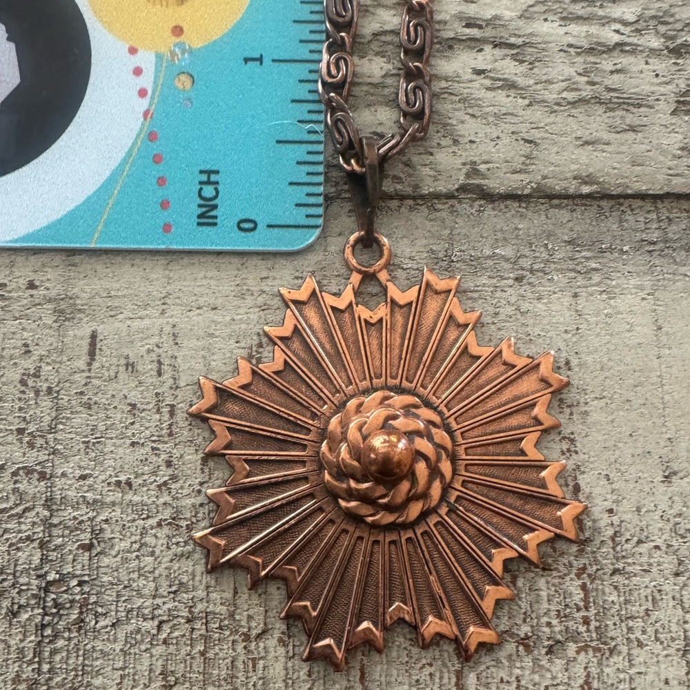 Vintage Heraldic Copper Pendant Necklace MCM Floral Medallion
